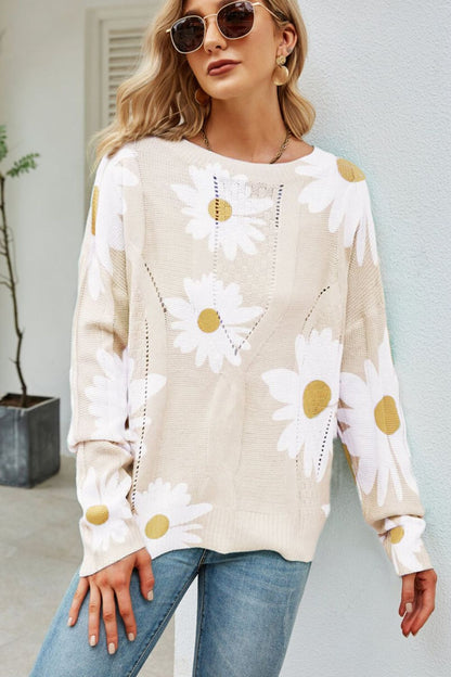 Daisy Print Openwork Round Neck Sweater-Teresa&#39;s Fashionista LLC