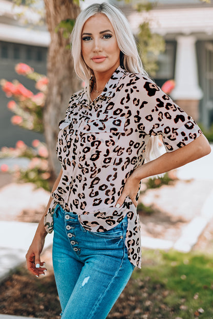 Leopard Button Front Short Sleeve Shirt with Breast Pockets-Teresa&#39;s Fashionista LLC