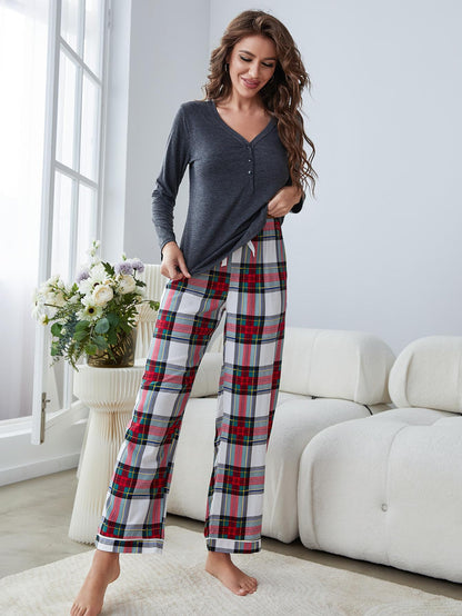 Buttoned Long Sleeve Top and Plaid Pants Lounge Set-Teresa&#39;s Fashionista LLC