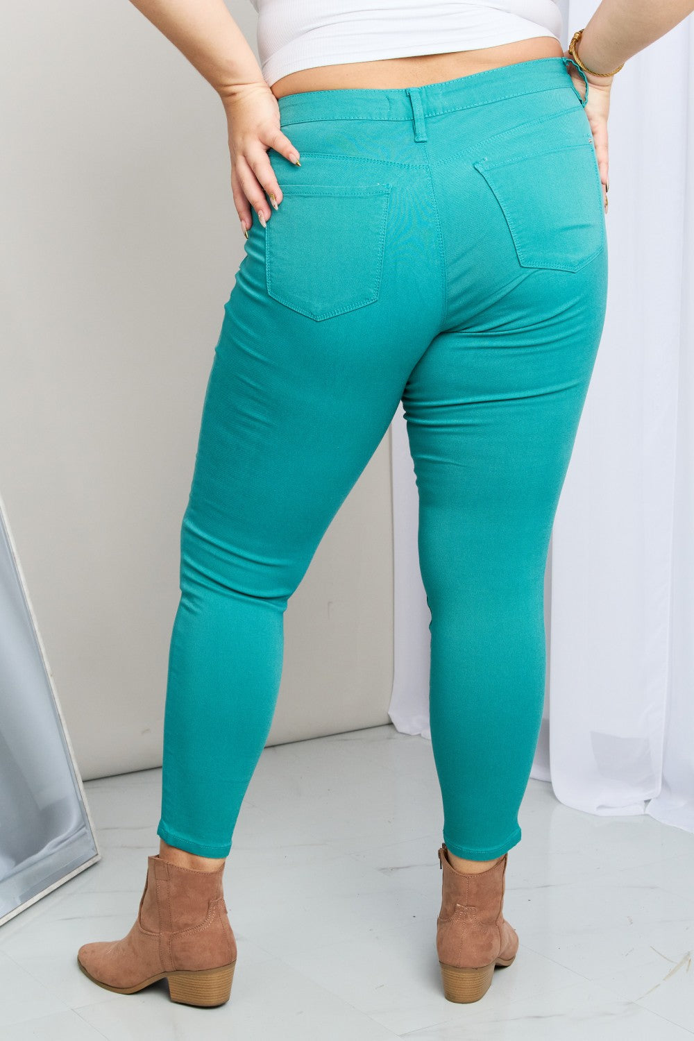 YMI Jeanswear Kate Hyper-Stretch Full Size Mid-Rise Skinny Jeans in Sea Green-Teresa&#39;s Fashionista LLC