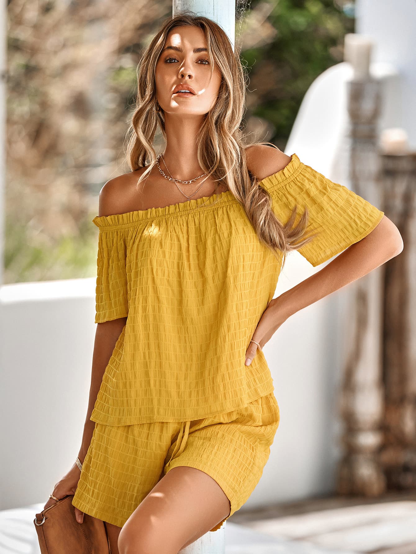 Textured Frill Trim Off-Shoulder Top and Shorts Set-Teresa&#39;s Fashionista LLC