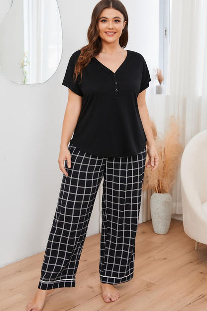 Plus Size V-Neck Top and Plaid Pants Lounge Set-Teresa&#39;s Fashionista LLC