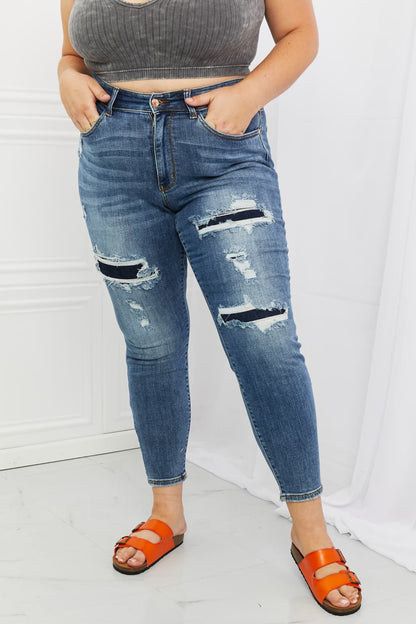 Judy Blue Dahlia Full Size Distressed Patch Jeans-Teresa&#39;s Fashionista LLC