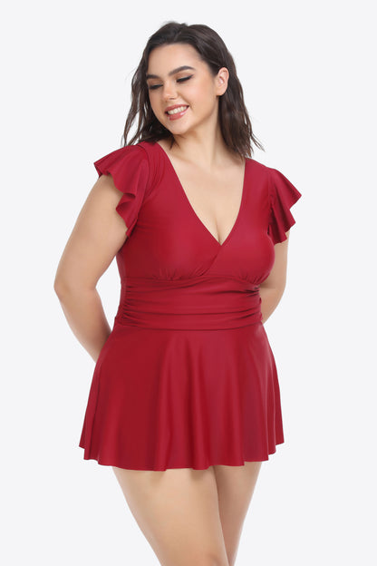 Plus Size Ruffled Plunge Swim Dress and Bottoms Set-Teresa&#39;s Fashionista LLC