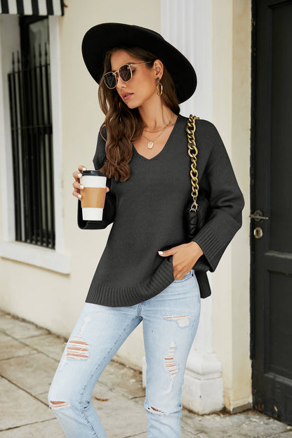 Drop Shoulder V-Neck Knit Pullover-Teresa&#39;s Fashionista LLC