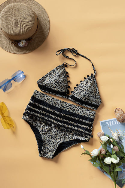 Printed Pompom Detail Halter Neck Two-Piece Bikini Set-Teresa&#39;s Fashionista LLC