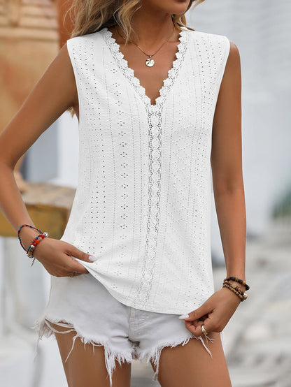 Spliced Lace V-Neck Sleeveless Tank-Teresa&#39;s Fashionista LLC