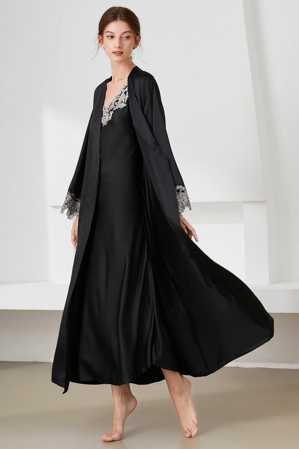 Contrast Lace Trim Satin Night Dress and Robe Set-Teresa&#39;s Fashionista LLC