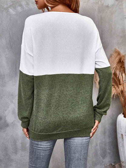 Two-Tone Crisscross Detail Sweatshirt-Teresa&#39;s Fashionista LLC