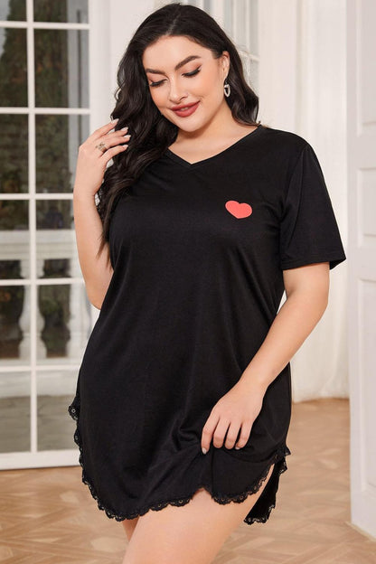 Plus Size Lace Trim V-Neck Short Sleeve Night Dress-Teresa&#39;s Fashionista LLC