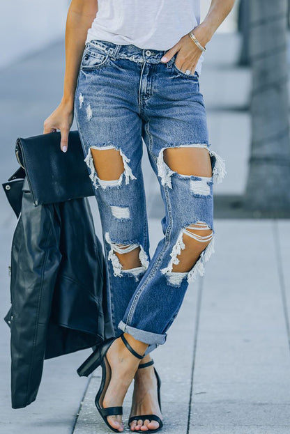 Distressed Frayed Trim Straight Leg Jeans-Teresa&#39;s Fashionista LLC