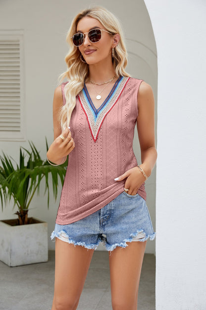 Contrast V-Neck Eyelet Tank-Teresa&#39;s Fashionista LLC