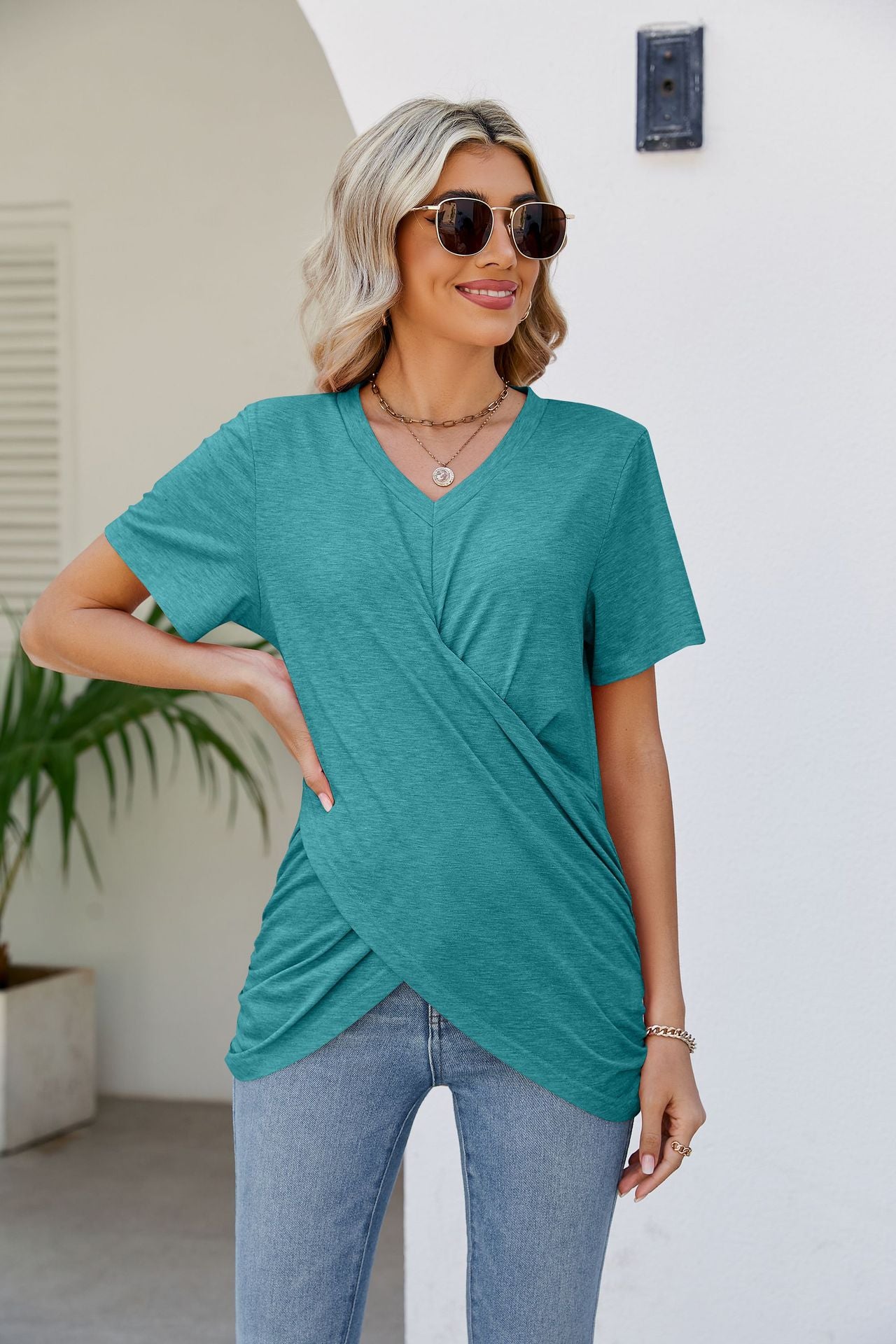 V-Neck Crisscross Short Sleeve Tee-Teresa&#39;s Fashionista LLC