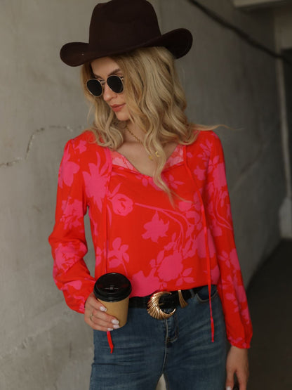 Printed Tie Neck Long Sleeve Blouse-Teresa&#39;s Fashionista LLC