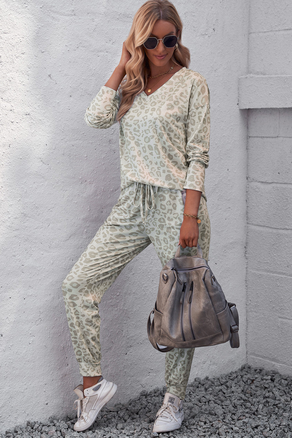 Leopard V-Neck Top and Drawstring Joggers Lounge Set-Teresa&#39;s Fashionista LLC