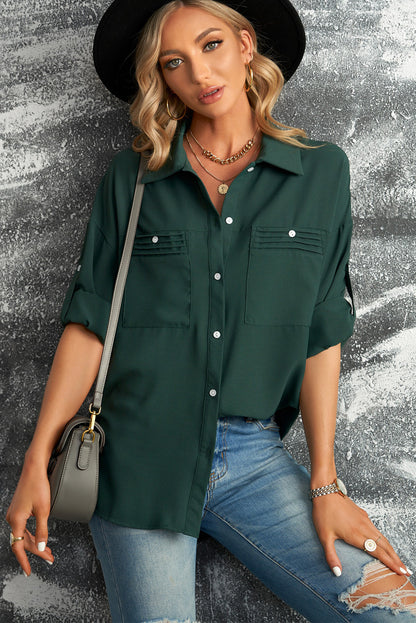 Button-Up Roll-Tab Sleeve Shirt-Teresa&#39;s Fashionista LLC