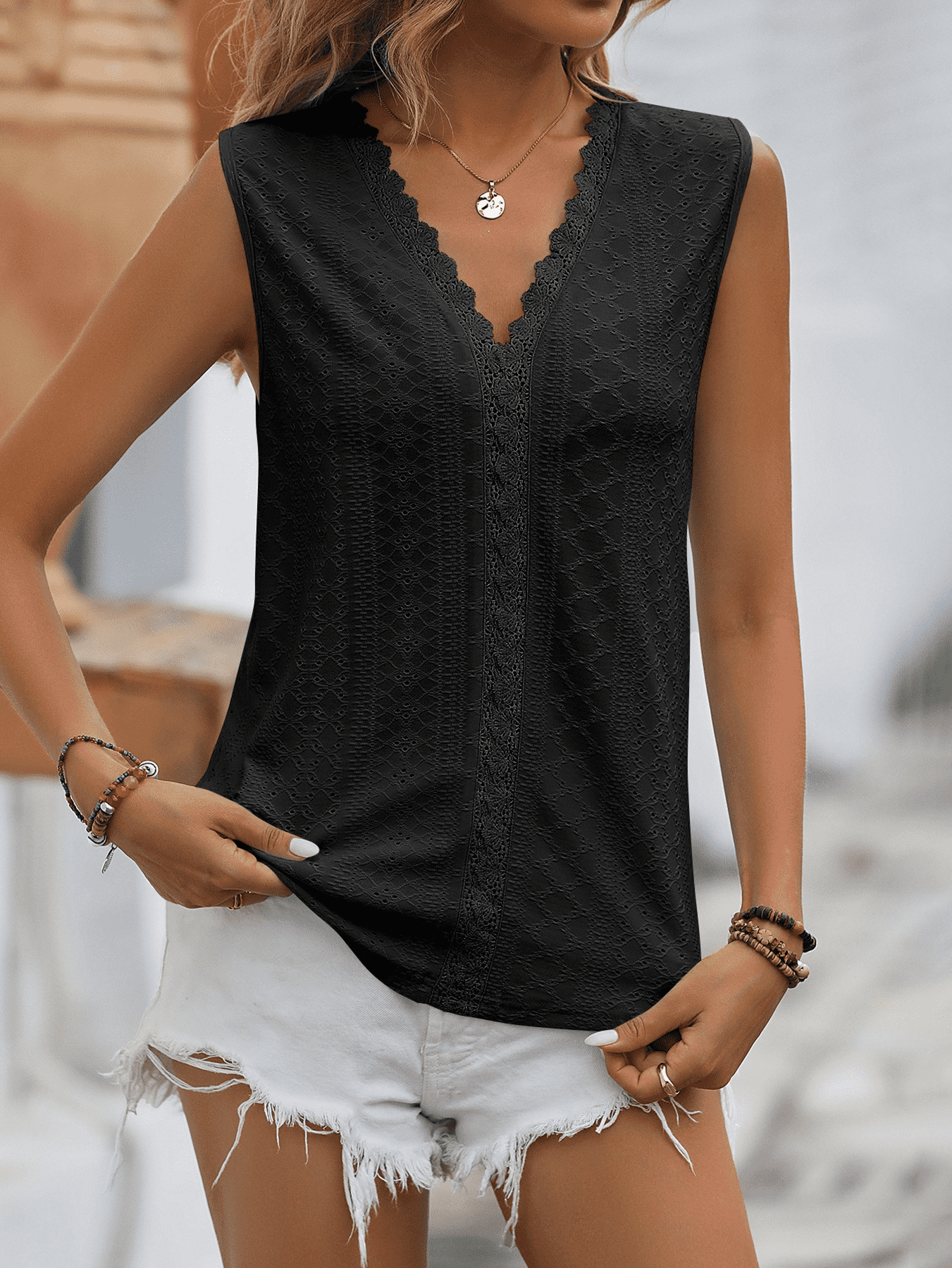 Spliced Lace V-Neck Sleeveless Tank-Teresa&#39;s Fashionista LLC