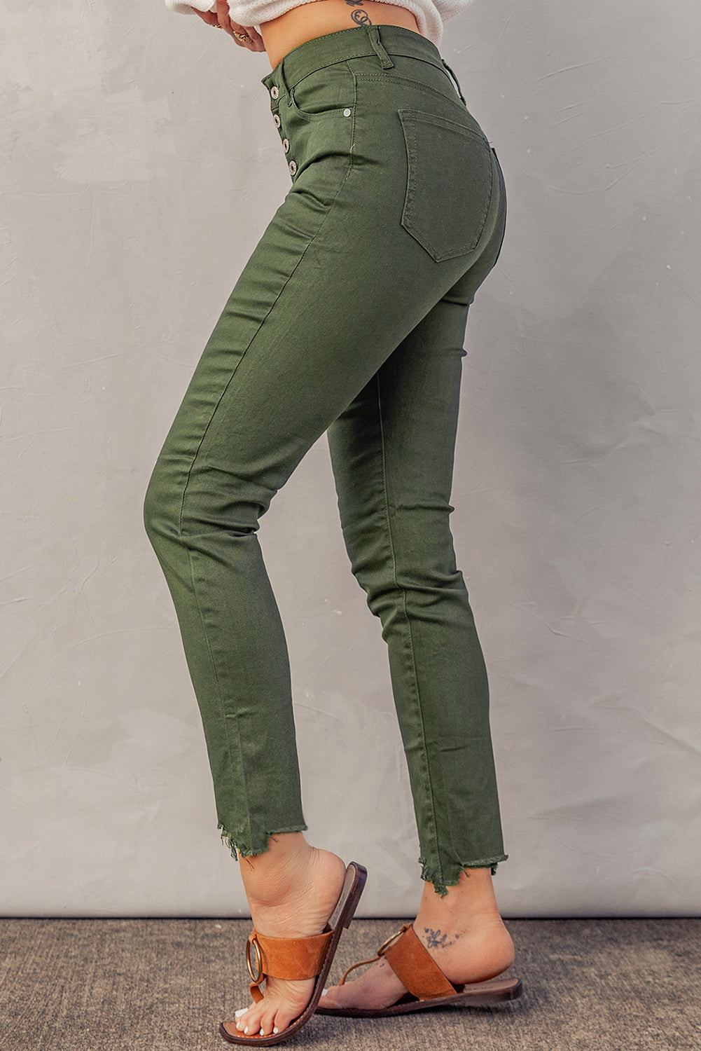 Button Fly Hem Detail Skinny Jeans-Teresa&#39;s Fashionista LLC