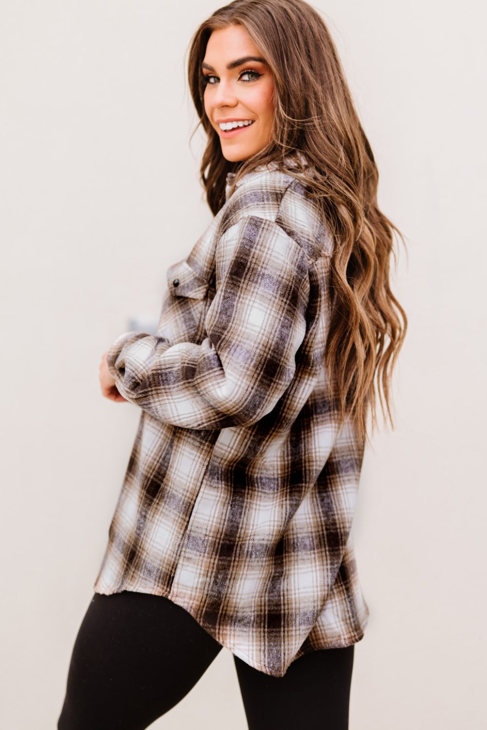 Plaid Button-Up Curved Hem Shirt with Breast Pockets-Teresa&#39;s Fashionista LLC