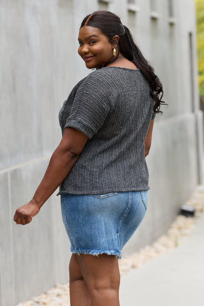 e.Luna Full Size Chunky Knit Short Sleeve Top in Gray-Teresa&#39;s Fashionista LLC