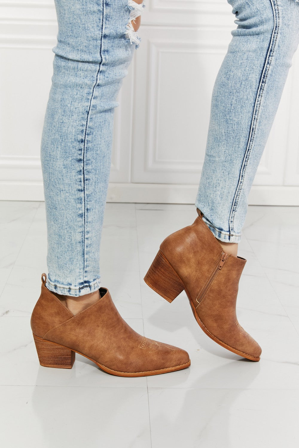 MMShoes Trust Yourself Embroidered Crossover Cowboy Bootie in Caramel-Teresa&#39;s Fashionista LLC