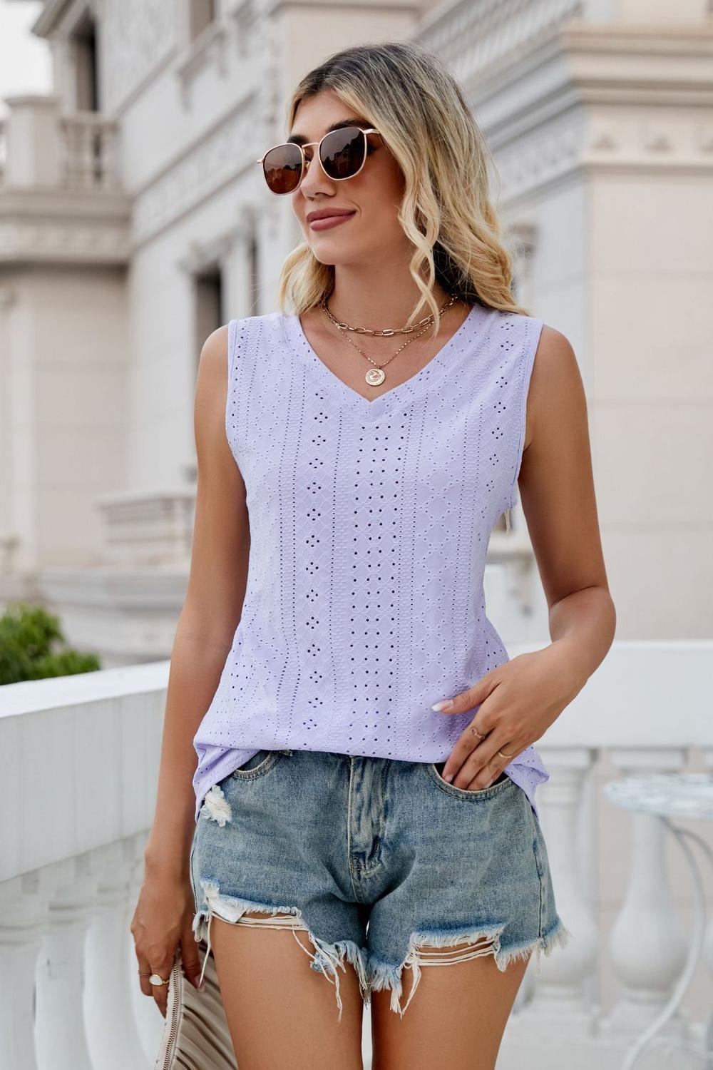 Eyelet V-Neck Tank-Teresa&#39;s Fashionista LLC