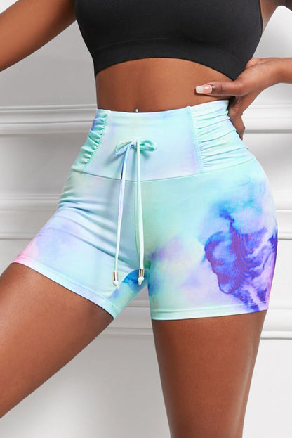 Tie-Dye Tie Detail Ruched Sports Shorts-Teresa&#39;s Fashionista LLC