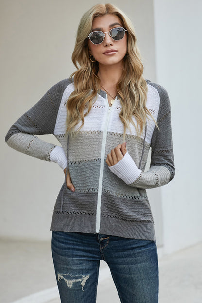 Zip-Up Raglan Sleeve Openwork Hooded Cardigan-Teresa&#39;s Fashionista LLC