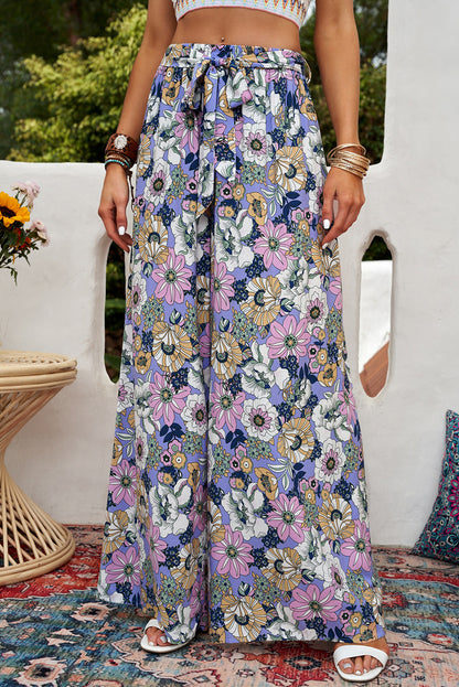 Floral Tie Belt Wide Leg Pants-Teresa&#39;s Fashionista LLC