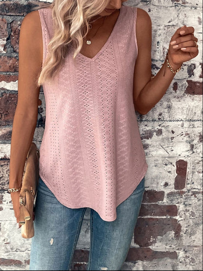 Eyelet V-Neck Curved Hem Tank-Teresa&#39;s Fashionista LLC