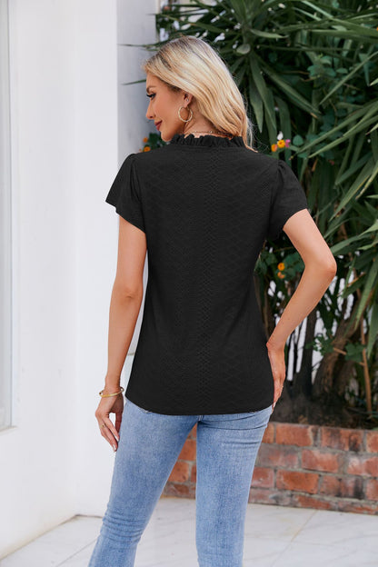 Notched Neck Puff Sleeve Blouse-Teresa&#39;s Fashionista LLC