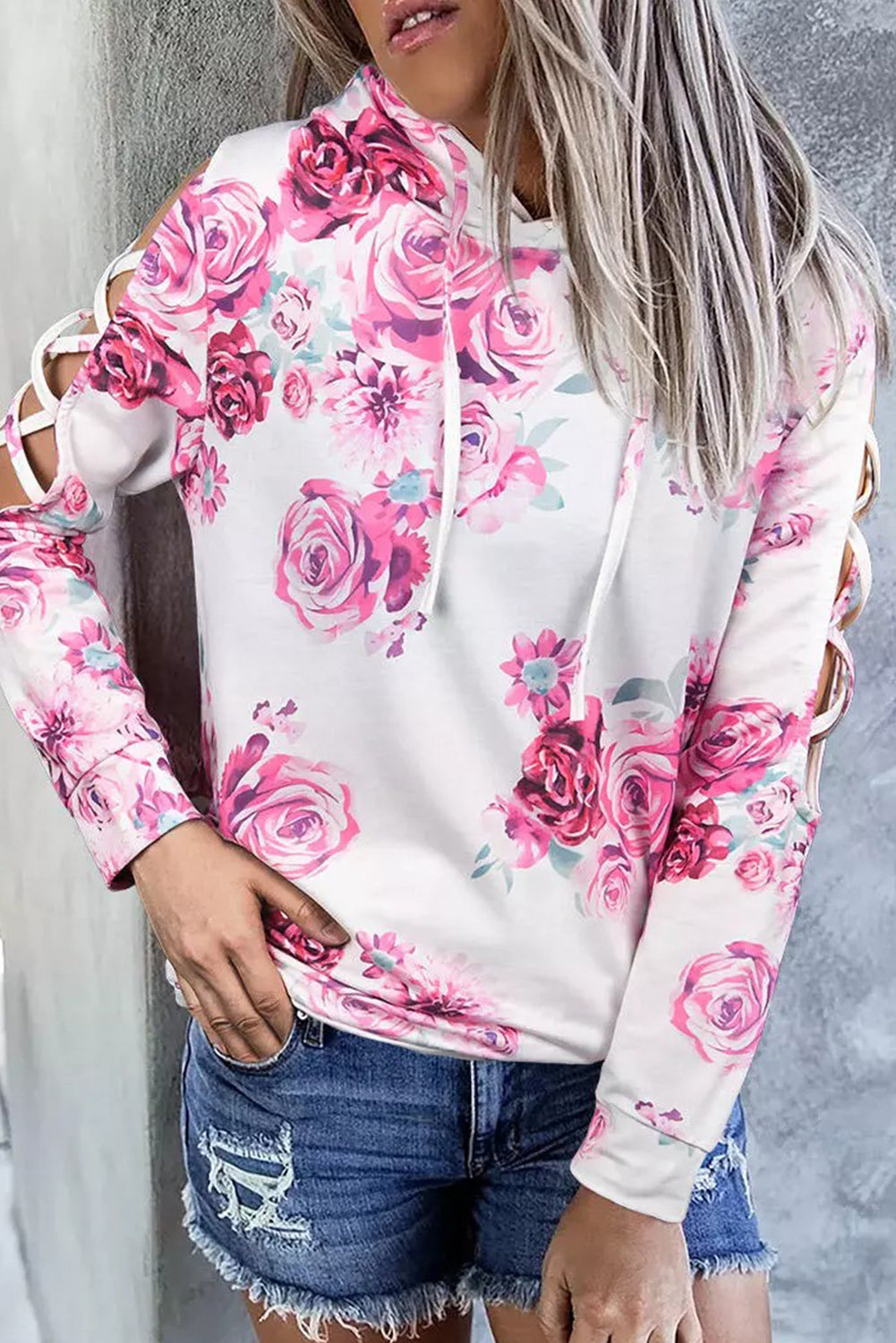 Floral Crisscross Drawstring Hoodie-Teresa&#39;s Fashionista LLC