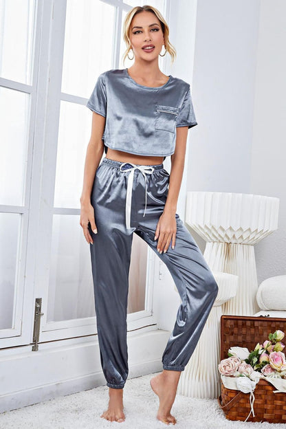 Satin Short Sleeve Crop Top and Joggers Lounge Set-Teresa&#39;s Fashionista LLC